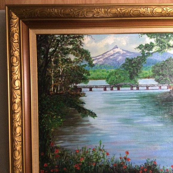Original art painting landscape mountain bridge river flowers framed signed - Picture 5 of 8